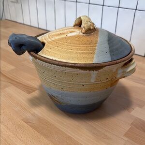 Handcrafted Ceramic Pot with Lid - Blue and Tan